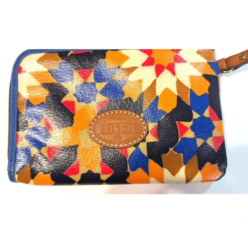 Fossil Geometric Star Coated Canvas Wristlet Wallet Multicolor Blue Orange Zip